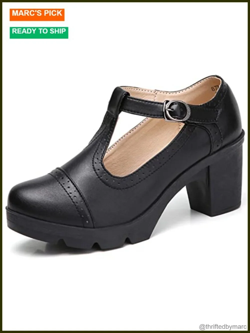 Leather T-Strap Platform Chunky Mid-Heel Mary Jane Square Toe Oxfords Dress